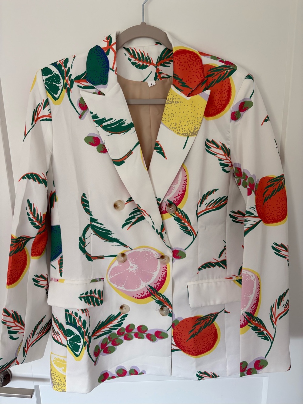 White Citrus-Print Double-Breasted Women's Blazer